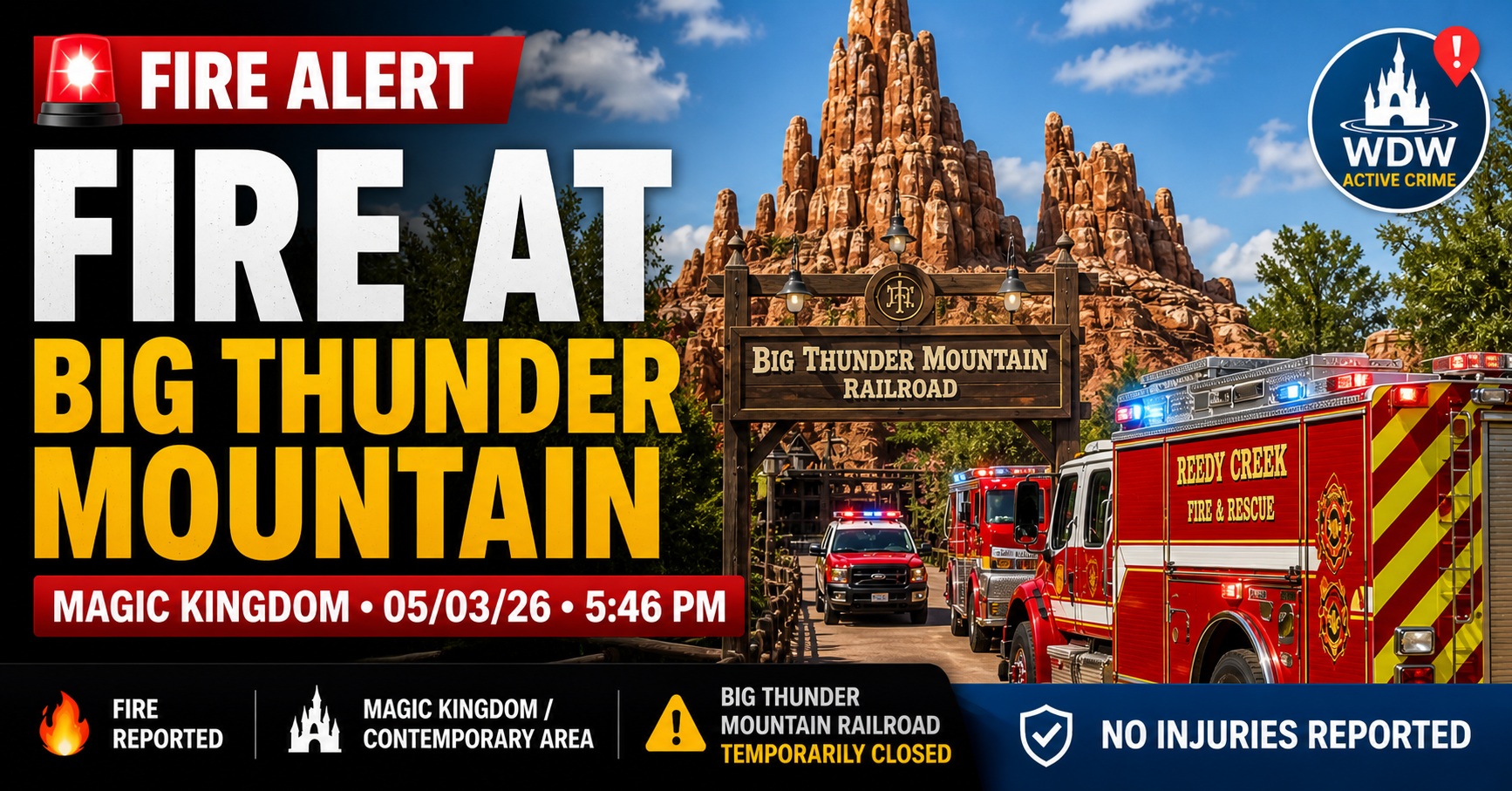Fire Reported at Big Thunder Mountain Railroad on Opening Day at Magic Kingdom