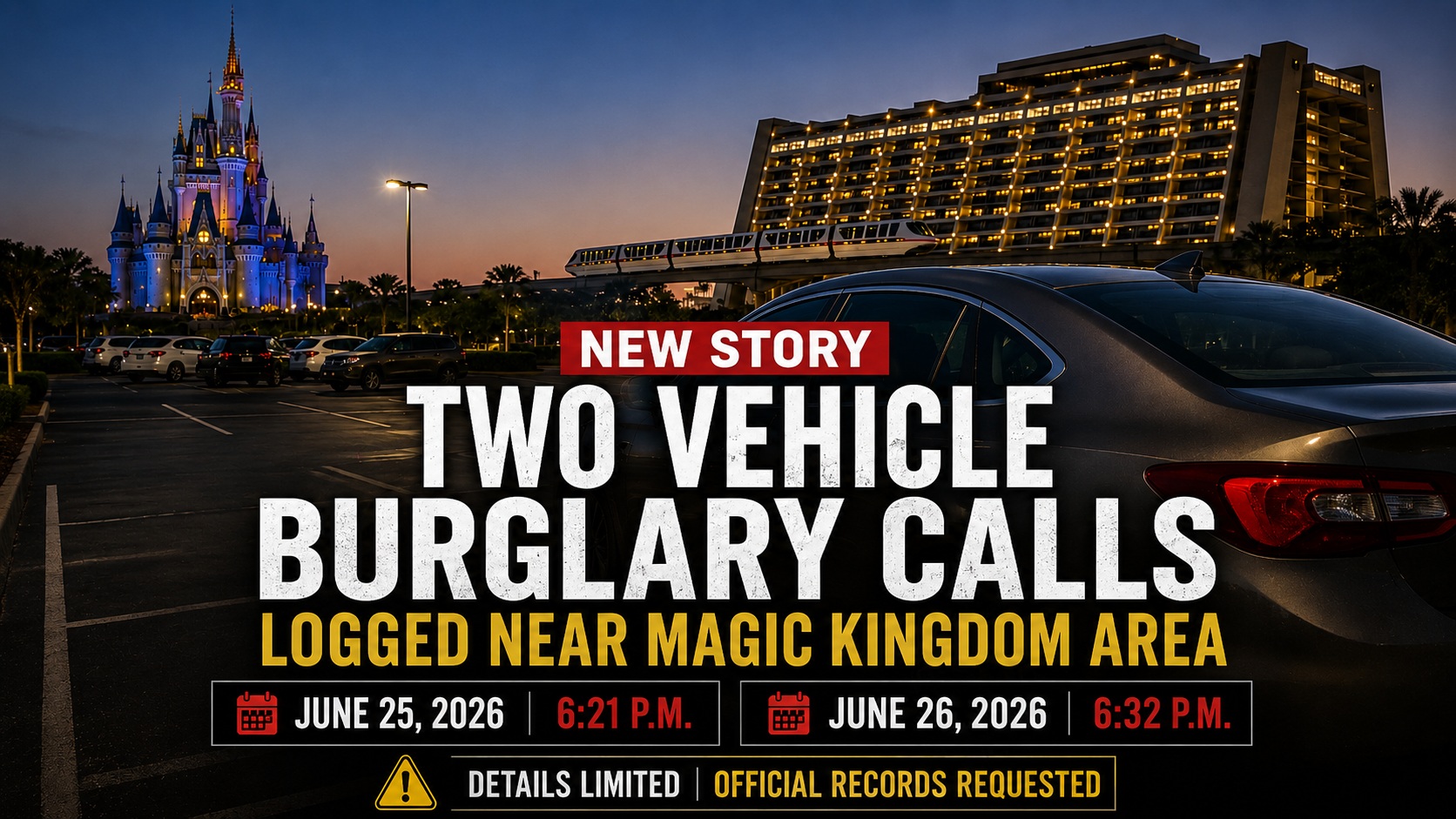 Two Vehicle Burglary Calls Logged Near Magic Kingdom Area on Consecutive Evenings